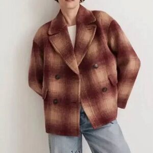 NWT Madewell Maroon and Cream Pea Coat Plaid Design. Crafted Italian design.
